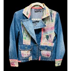 Life Style Jacket Petite Size PM Cotton Denim Boho Art To Wear Patchwork Pastel